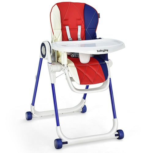 Baby High Chair Foldable Feeding Chair with 4 Lockable Wheels, Red