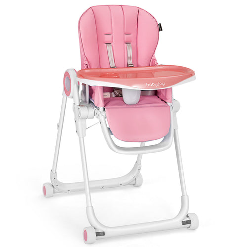 Baby High Chair Foldable Feeding Chair with 4 Lockable Wheels, Pink