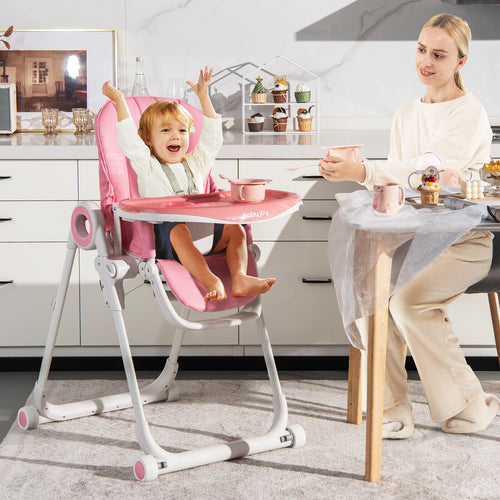 Baby High Chair Foldable Feeding Chair with 4 Lockable Wheels, Pink