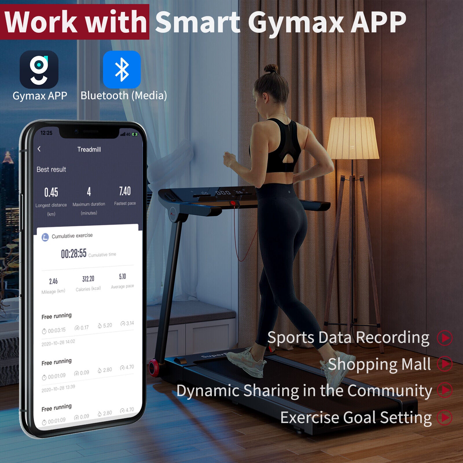 3.75HP Folding Treadmill with APP and 12 Preset Programs, Black Treadmills at Gallery Canada