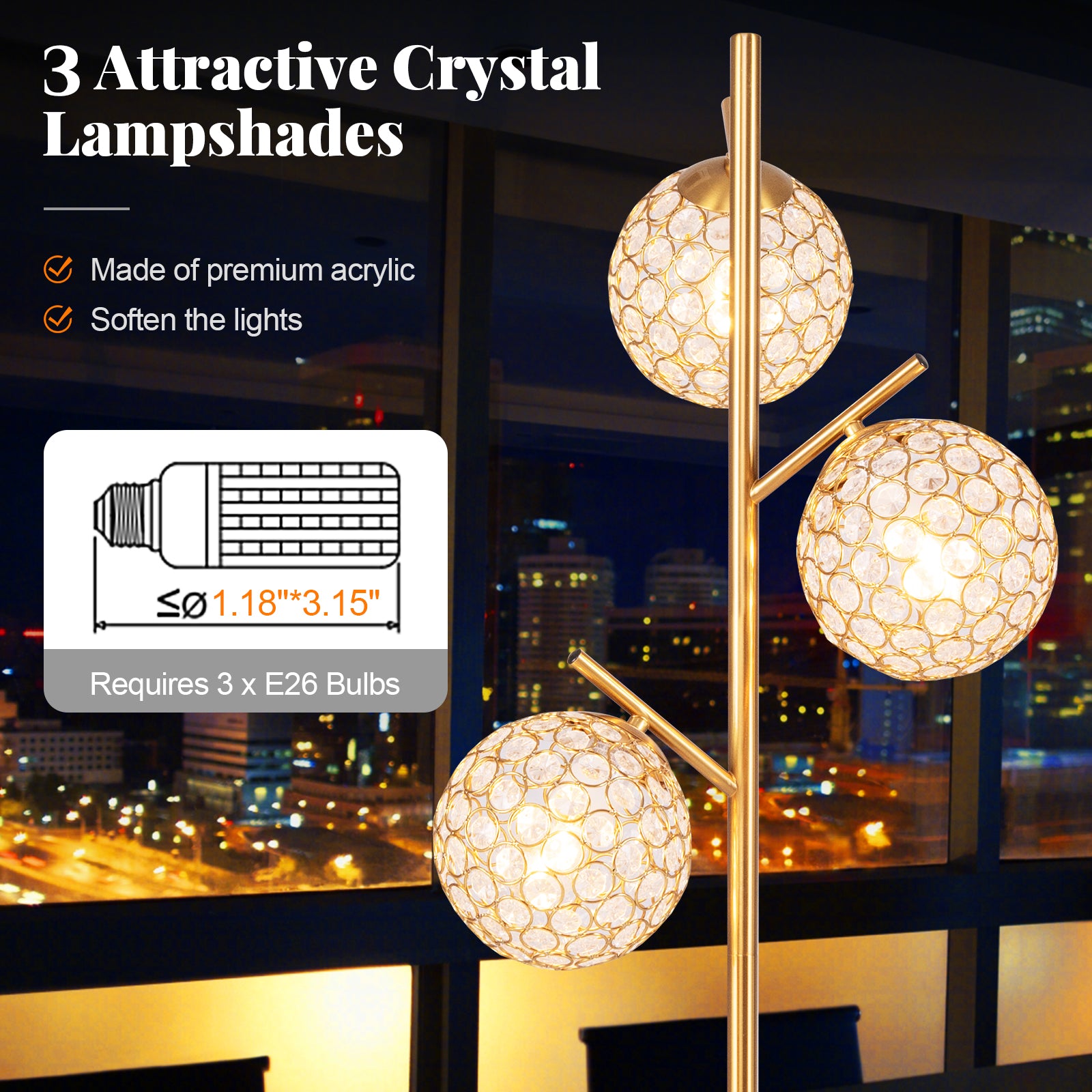 3-Globe Floor Lamp with Foot Switch and 3 E26 Bulb Bases, Golden Table & Floor Lamps at Gallery Canada