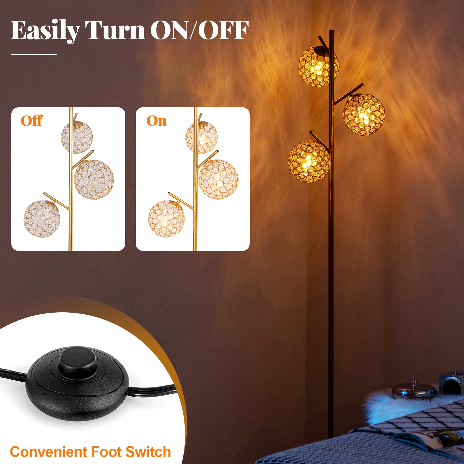 3-Globe Floor Lamp with Foot Switch and 3 E26 Bulb Bases, Golden Table & Floor Lamps at Gallery Canada