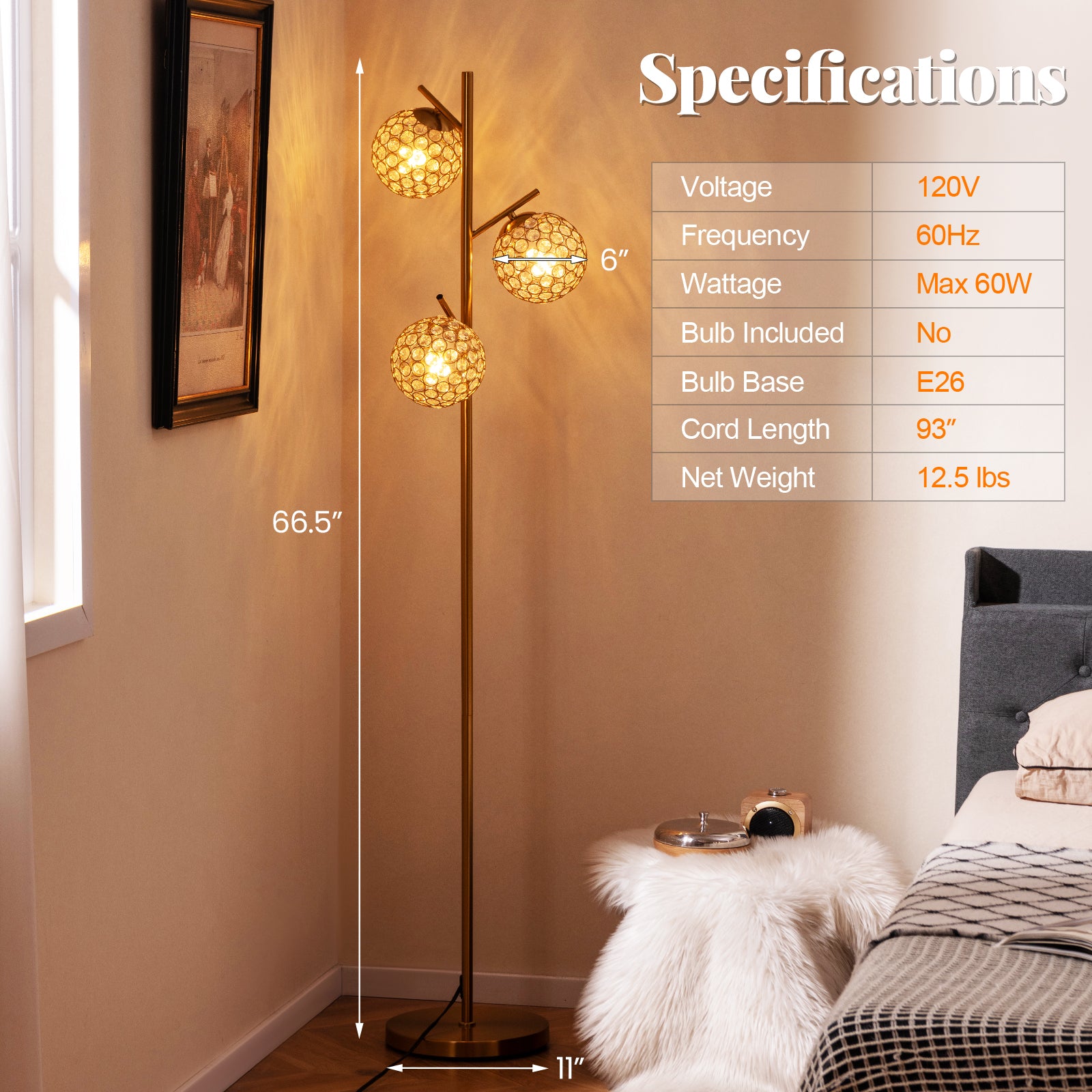 3-Globe Floor Lamp with Foot Switch and 3 E26 Bulb Bases, Golden Table & Floor Lamps at Gallery Canada
