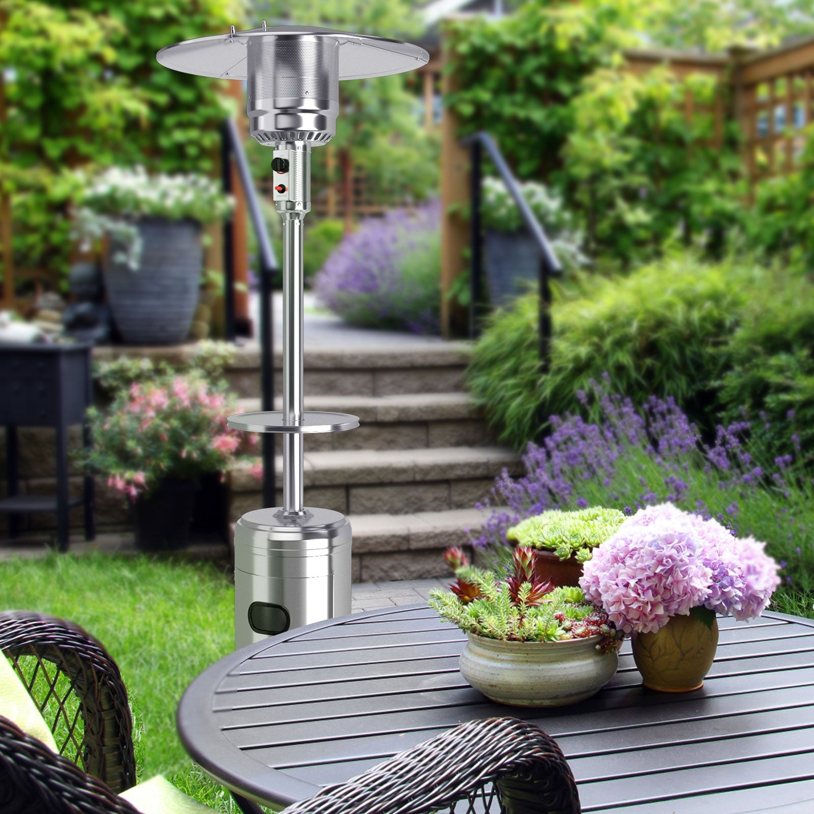 Outdoor Heater Propane Standing LP Gas Steel with Table and Wheels, Silver Patio Heaters at Gallery Canada