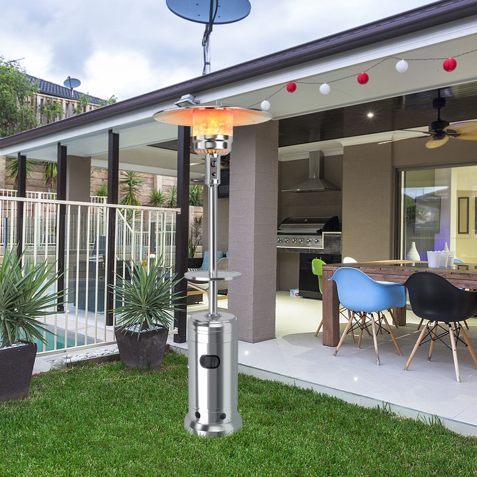Outdoor Heater Propane Standing LP Gas Steel with Table and Wheels, Silver Patio Heaters at Gallery Canada