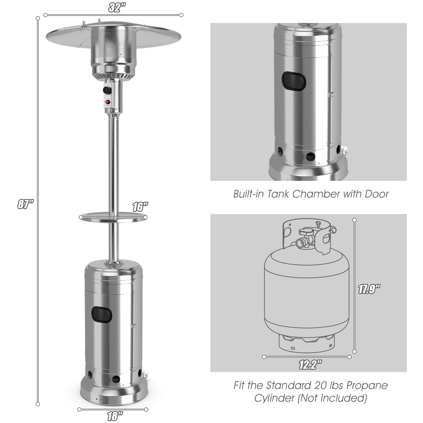 Outdoor Heater Propane Standing LP Gas Steel with Table and Wheels, Silver Patio Heaters at Gallery Canada