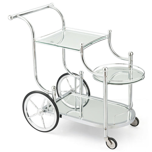 Kitchen Rolling Bar Cart with Tempered Glass Suitable for Restaurant and Hotel, Silver