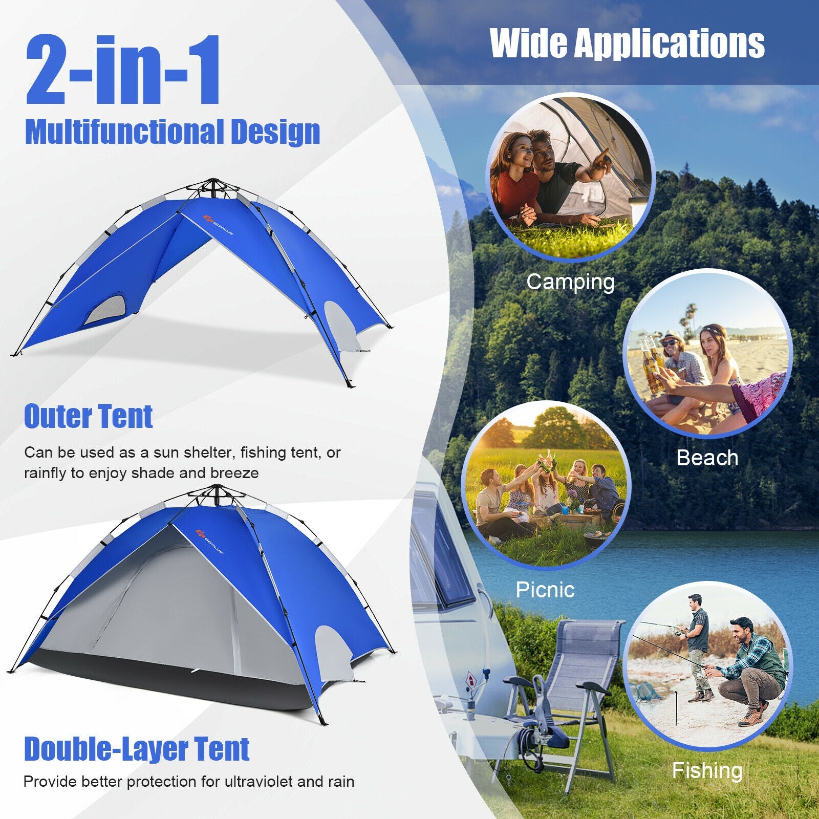 2-in-1 4 Person Instant Pop-up Waterproof Camping Tent, Blue Tents at Gallery Canada
