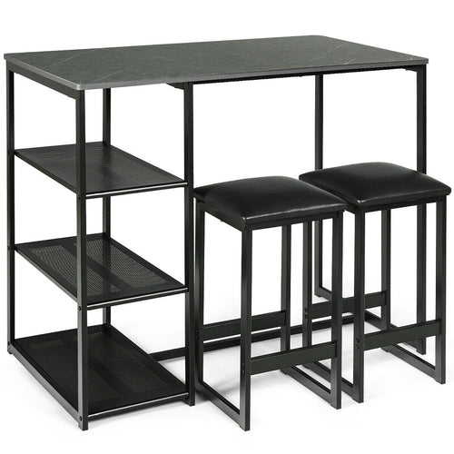3 pcs Dining Set with Faux Marble Top Table and 2 Stools, Black