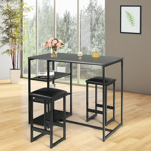 3 pcs Dining Set with Faux Marble Top Table and 2 Stools, Black