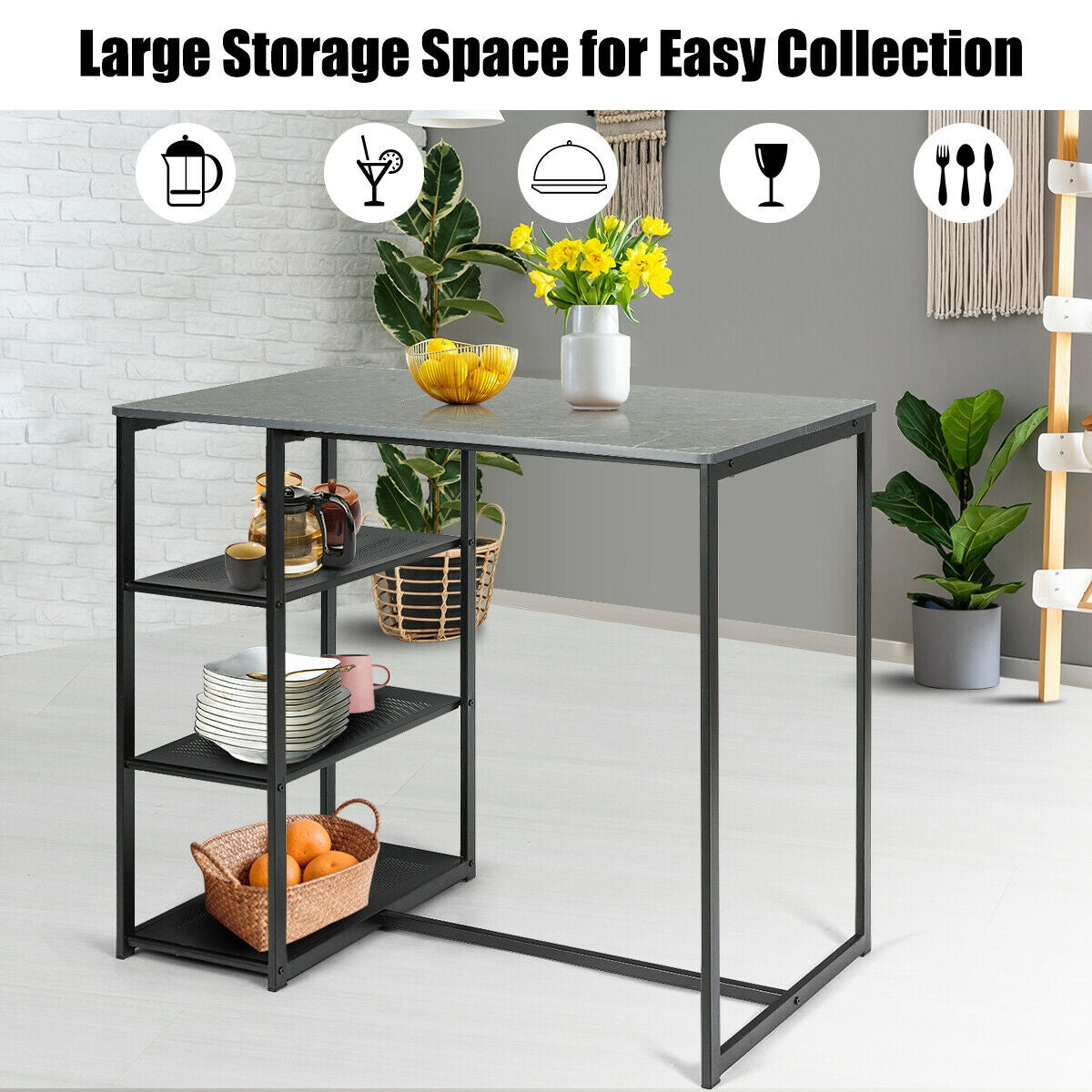 3 pcs Dining Set with Faux Marble Top Table and 2 Stools, Black Dining Room Sets at Gallery Canada
