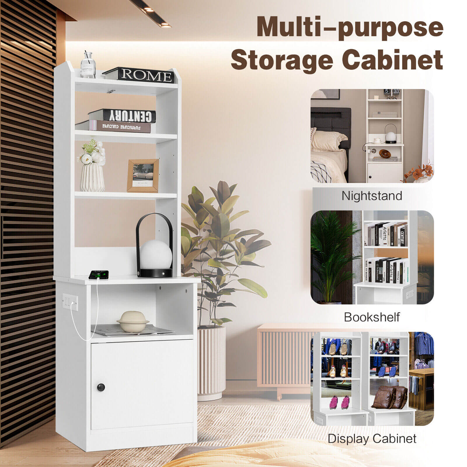 6-Tier Bookshelf Nightstand with Charging Station and Cabinet, White Bookcases at Gallery Canada