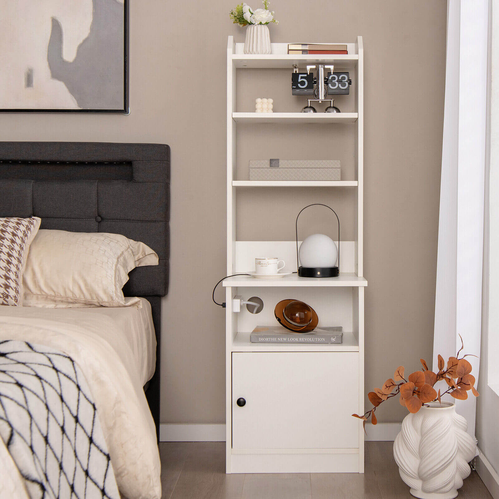 6-Tier Bookshelf Nightstand with Charging Station and Cabinet, White Bookcases at Gallery Canada