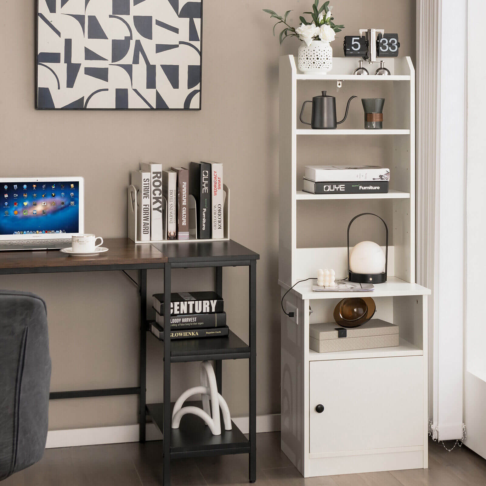 6-Tier Bookshelf Nightstand with Charging Station and Cabinet, White Bookcases at Gallery Canada