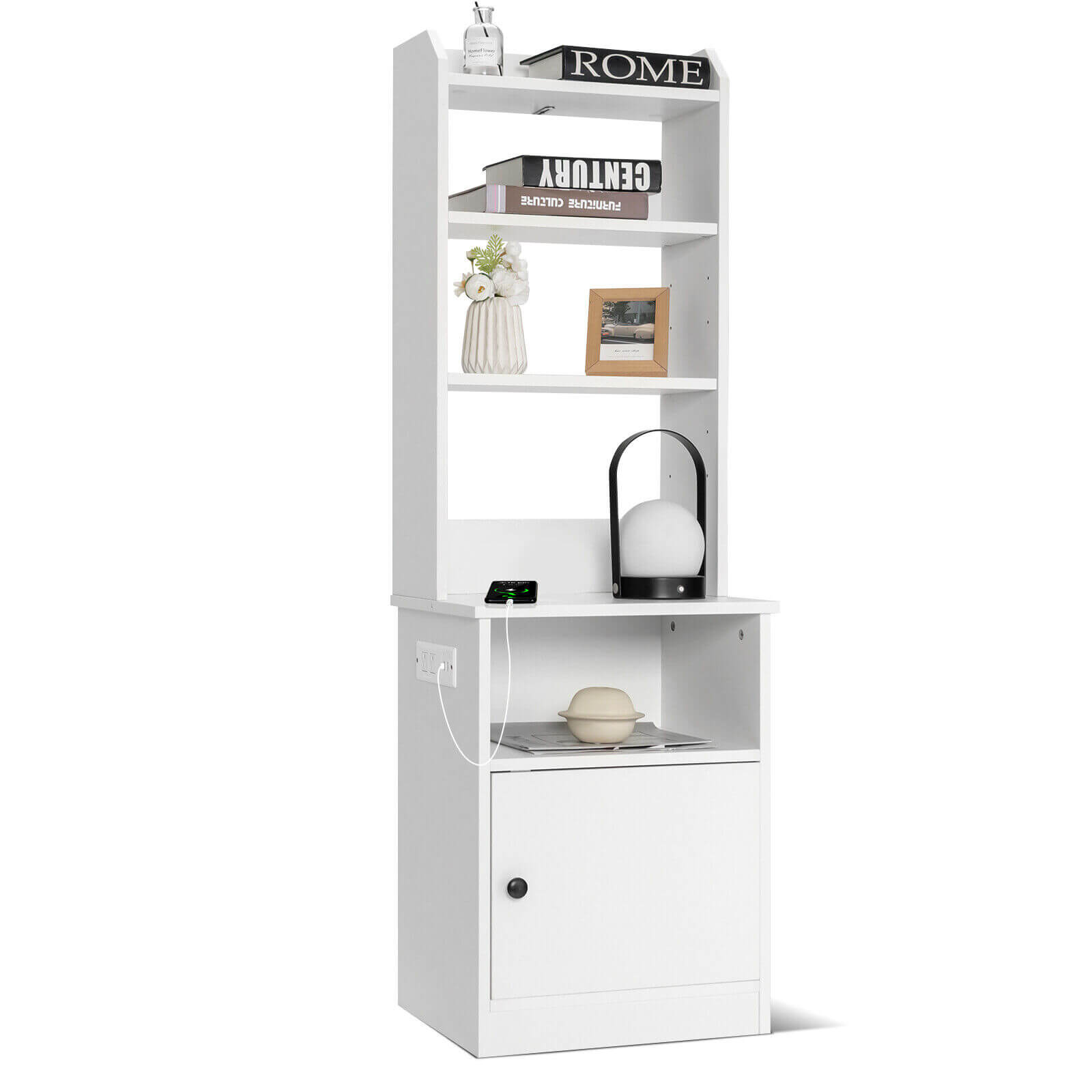 6-Tier Bookshelf Nightstand with Charging Station and Cabinet, White Bookcases at Gallery Canada