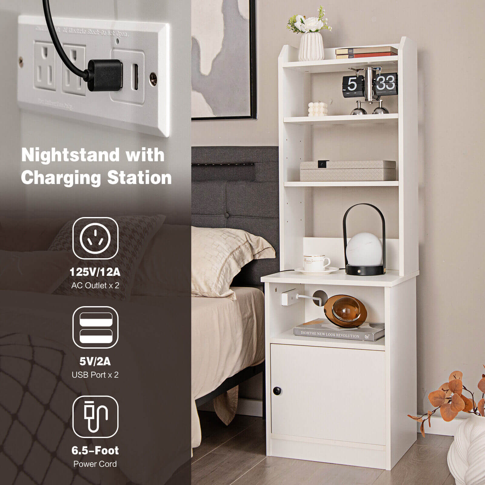 6-Tier Bookshelf Nightstand with Charging Station and Cabinet, White Bookcases at Gallery Canada