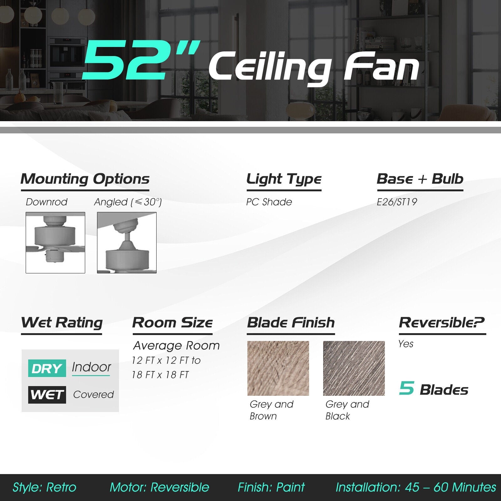 52 Inch Ceiling Fan with 3 Wind Speeds and 5 Reversible Blades, Gray Ceiling Fans at Gallery Canada
