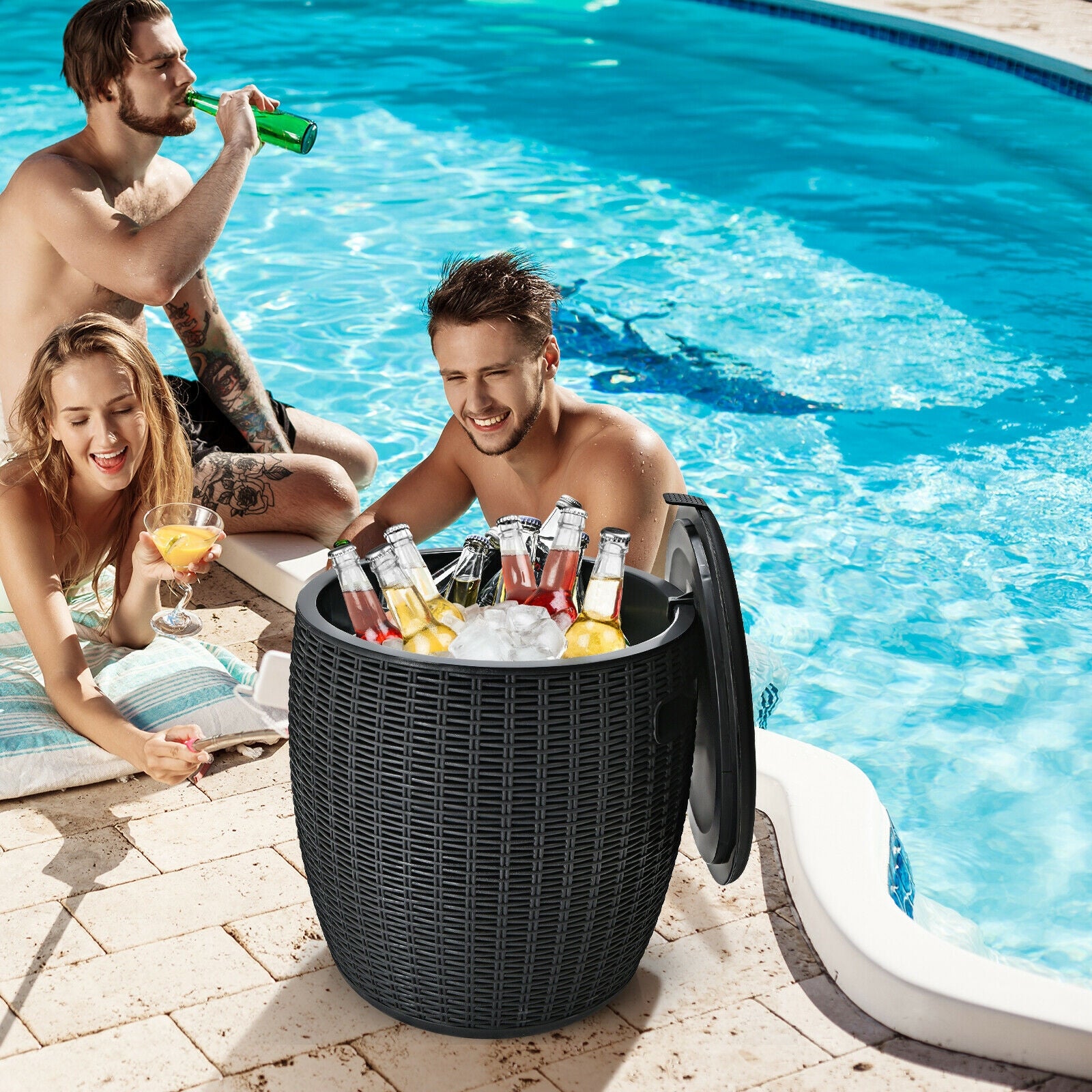 9.5 Gallon 4-in-1 Patio Rattan Cool Bar Cocktail Table Side Table, Black Coolers at Gallery Canada