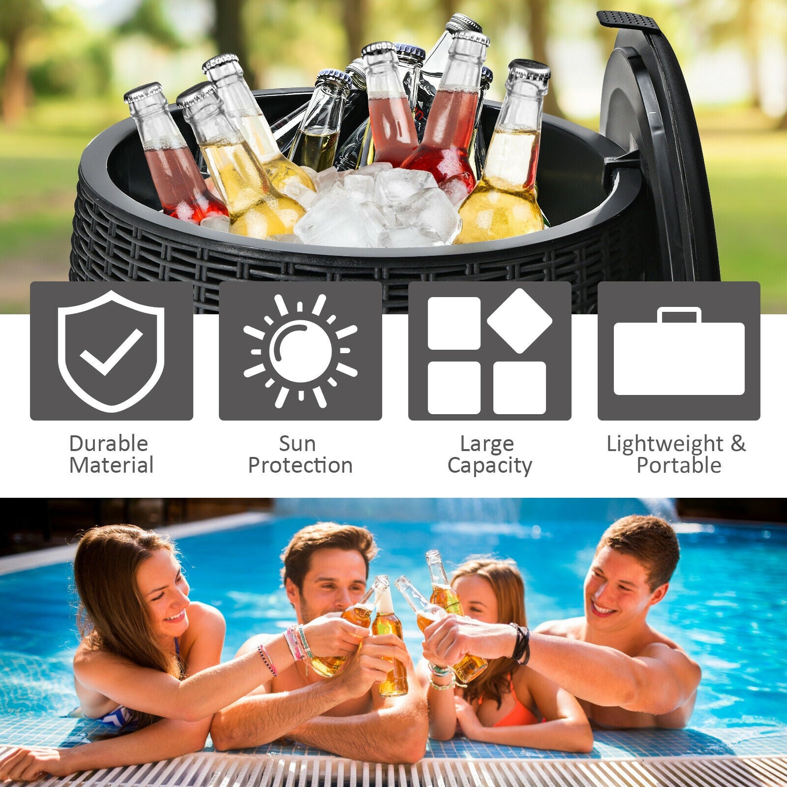 9.5 Gallon 4-in-1 Patio Rattan Cool Bar Cocktail Table Side Table, Black Coolers at Gallery Canada