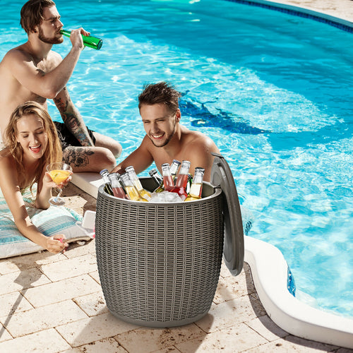 9.5 Gallon 4-in-1 Patio Rattan Cool Bar Cocktail Table Side Table, Brown