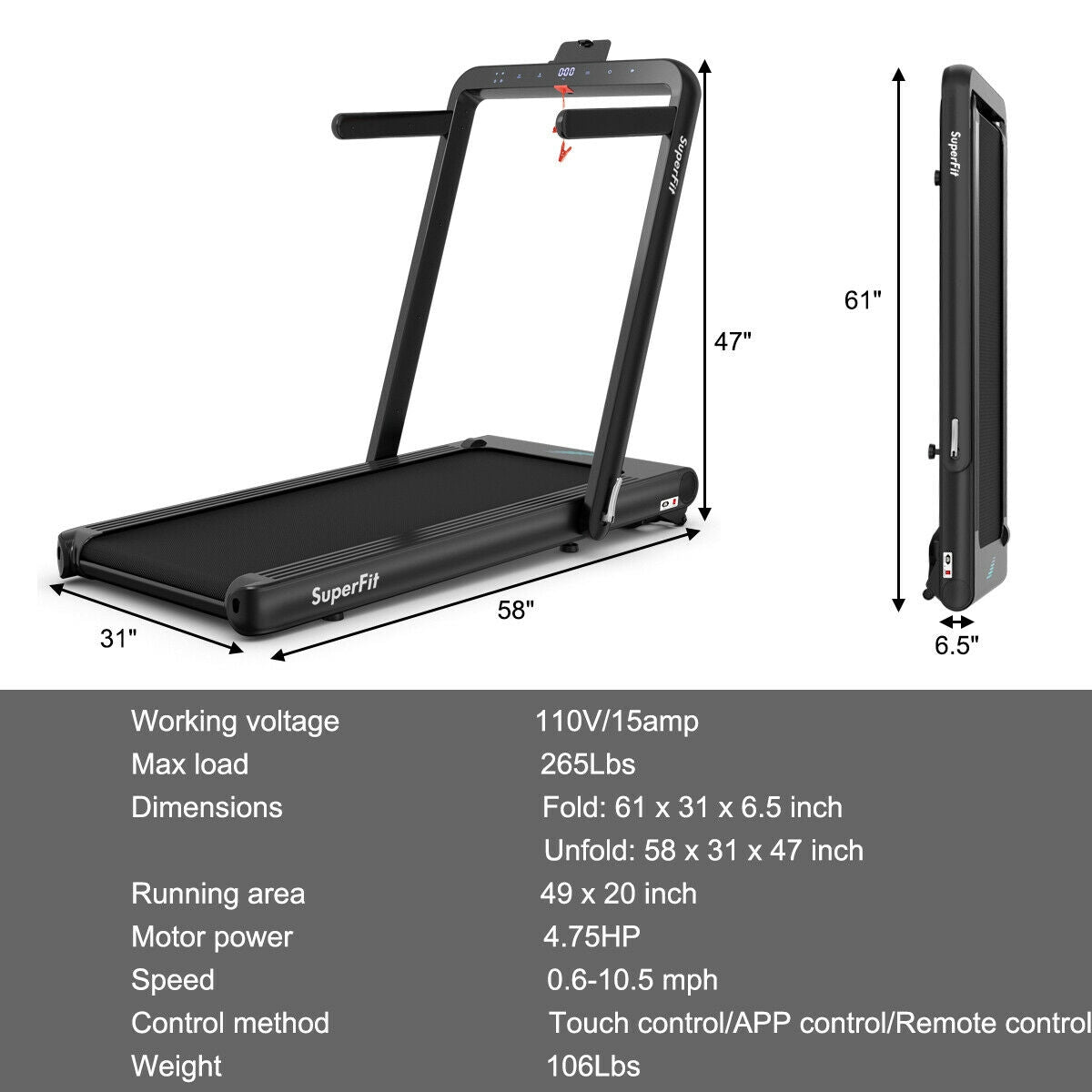4.75HP 2 In 1 Folding Treadmill with Remote APP Control, Black Treadmills at Gallery Canada