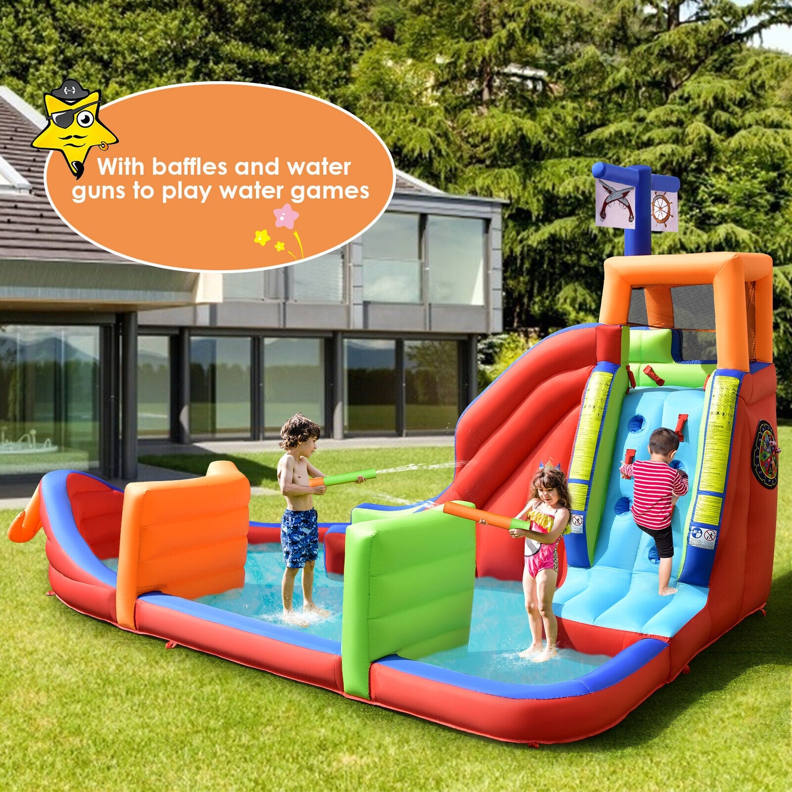 6-in-1 Pirate Ship Waterslide Kid Inflatable Castle with Water Guns and 735W Blower Bounce House at Gallery Canada