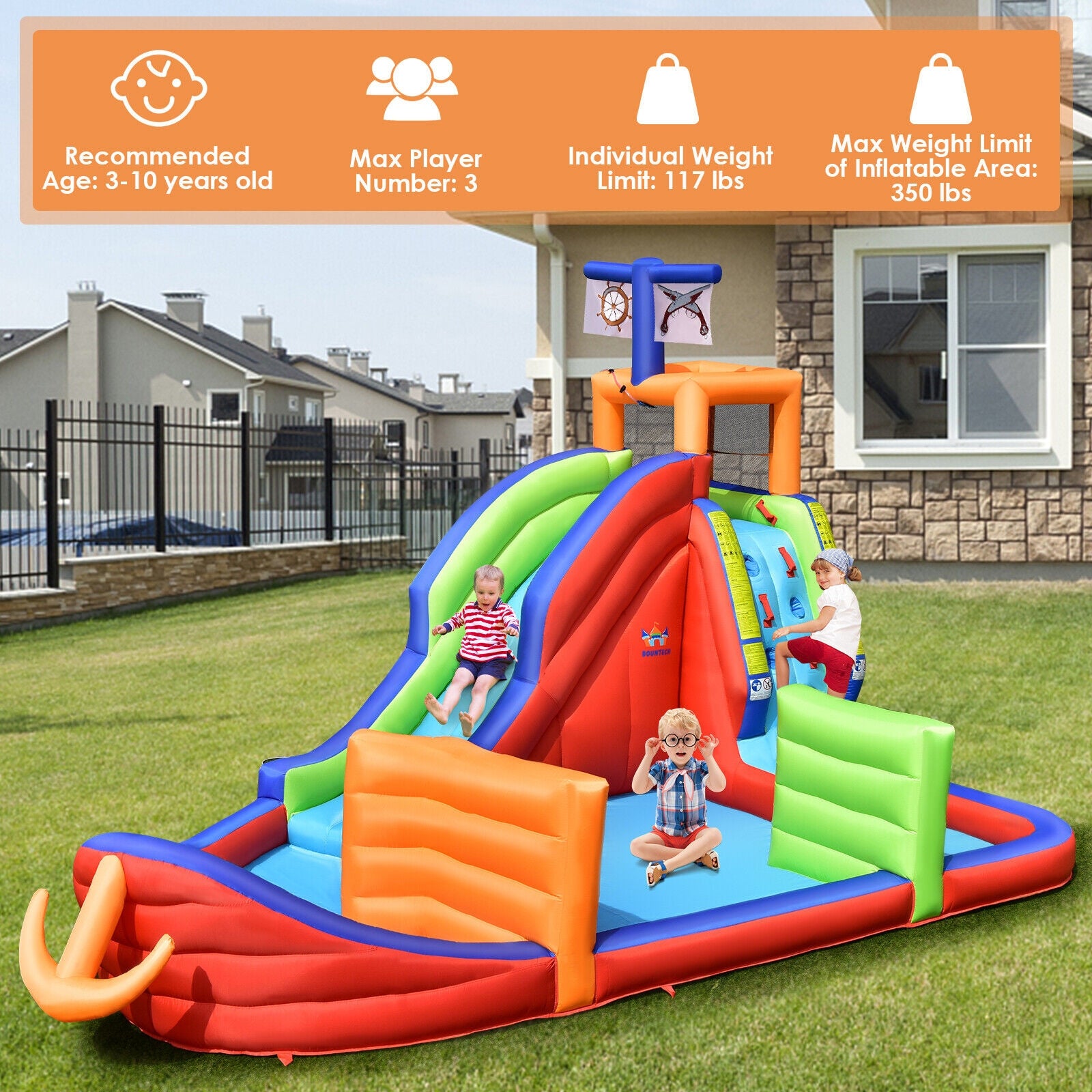 6-in-1 Pirate Ship Waterslide Kid Inflatable Castle with Water Guns and 735W Blower Bounce House at Gallery Canada