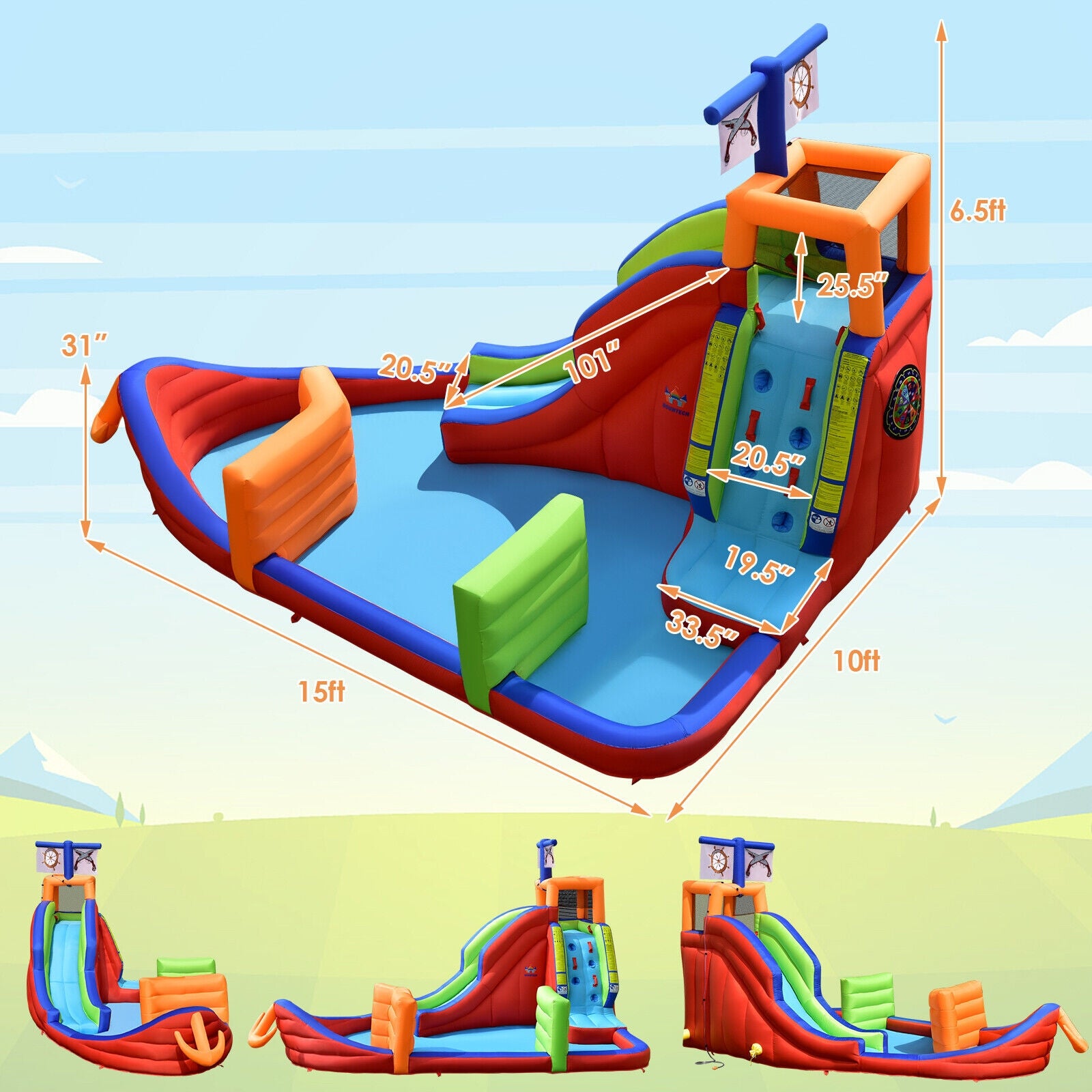 6-in-1 Pirate Ship Waterslide Kid Inflatable Castle with Water Guns and 735W Blower Bounce House at Gallery Canada