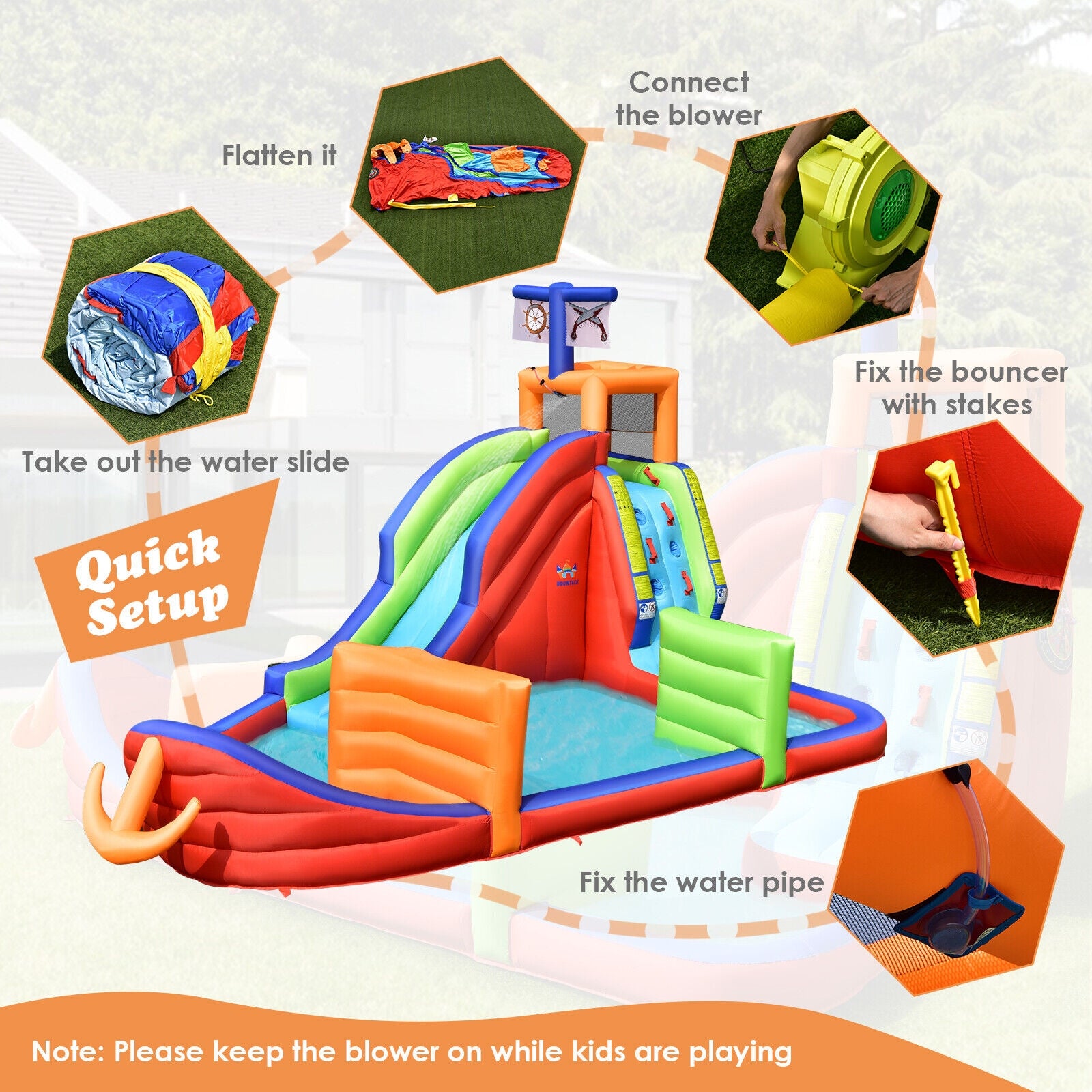 6-in-1 Pirate Ship Waterslide Kid Inflatable Castle with Water Guns and 735W Blower Bounce House at Gallery Canada