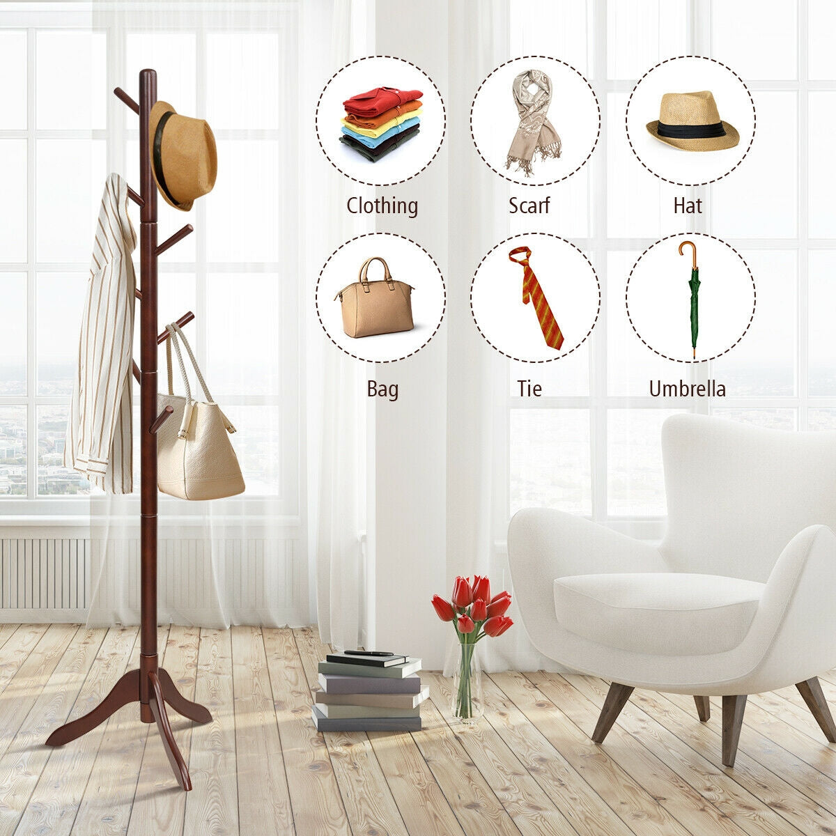 Adjustable Wooden Tree Coat Rack with 8 Hooks, Brown Coat Racks & Hall Trees at Gallery Canada
