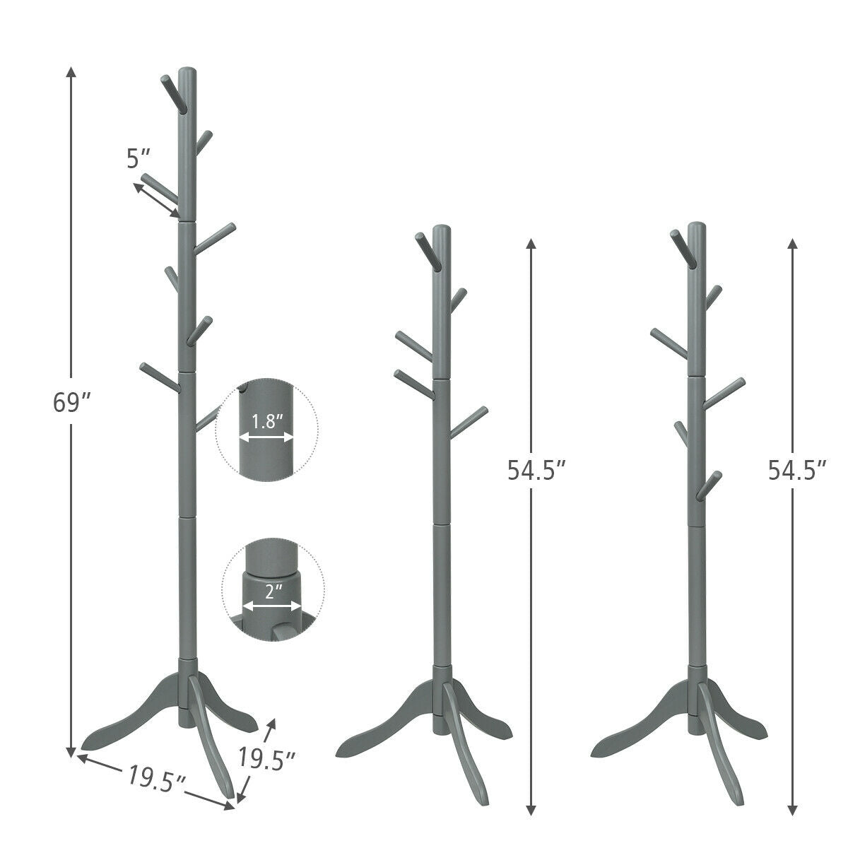 Adjustable Wooden Tree Coat Rack with 8 Hooks, Gray Coat Racks & Hall Trees at Gallery Canada