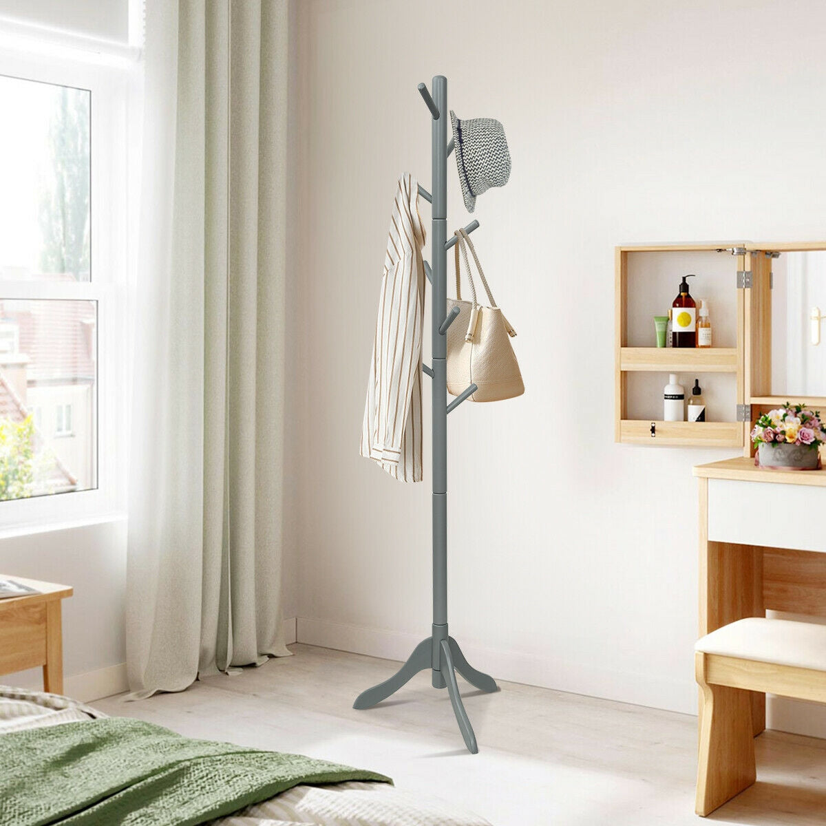 Adjustable Wooden Tree Coat Rack with 8 Hooks, Gray Coat Racks & Hall Trees at Gallery Canada