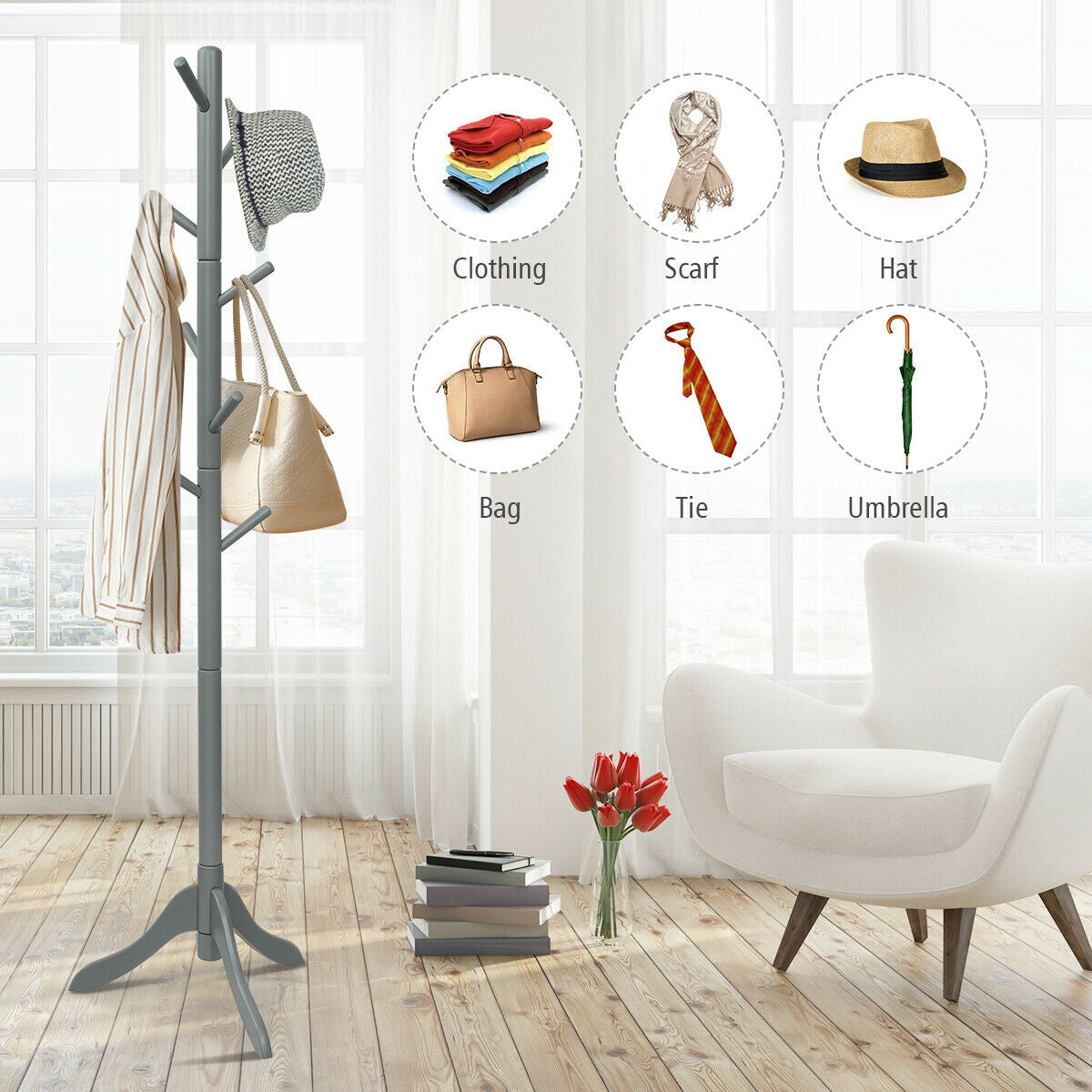 Adjustable Wooden Tree Coat Rack with 8 Hooks, Gray Coat Racks & Hall Trees at Gallery Canada