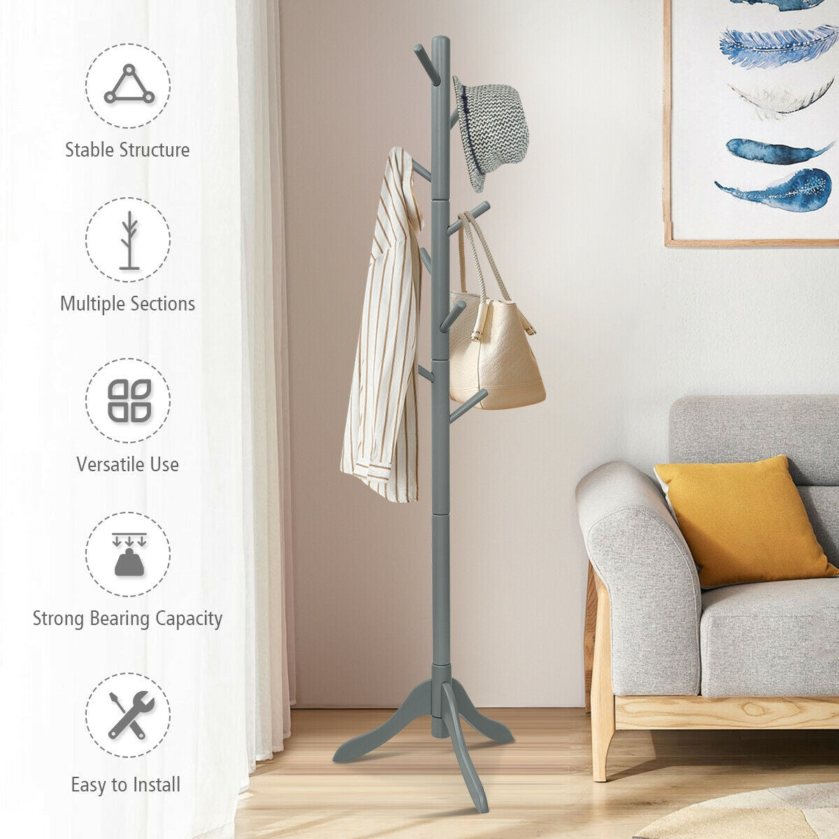 Adjustable Wooden Tree Coat Rack with 8 Hooks, Gray Coat Racks & Hall Trees at Gallery Canada