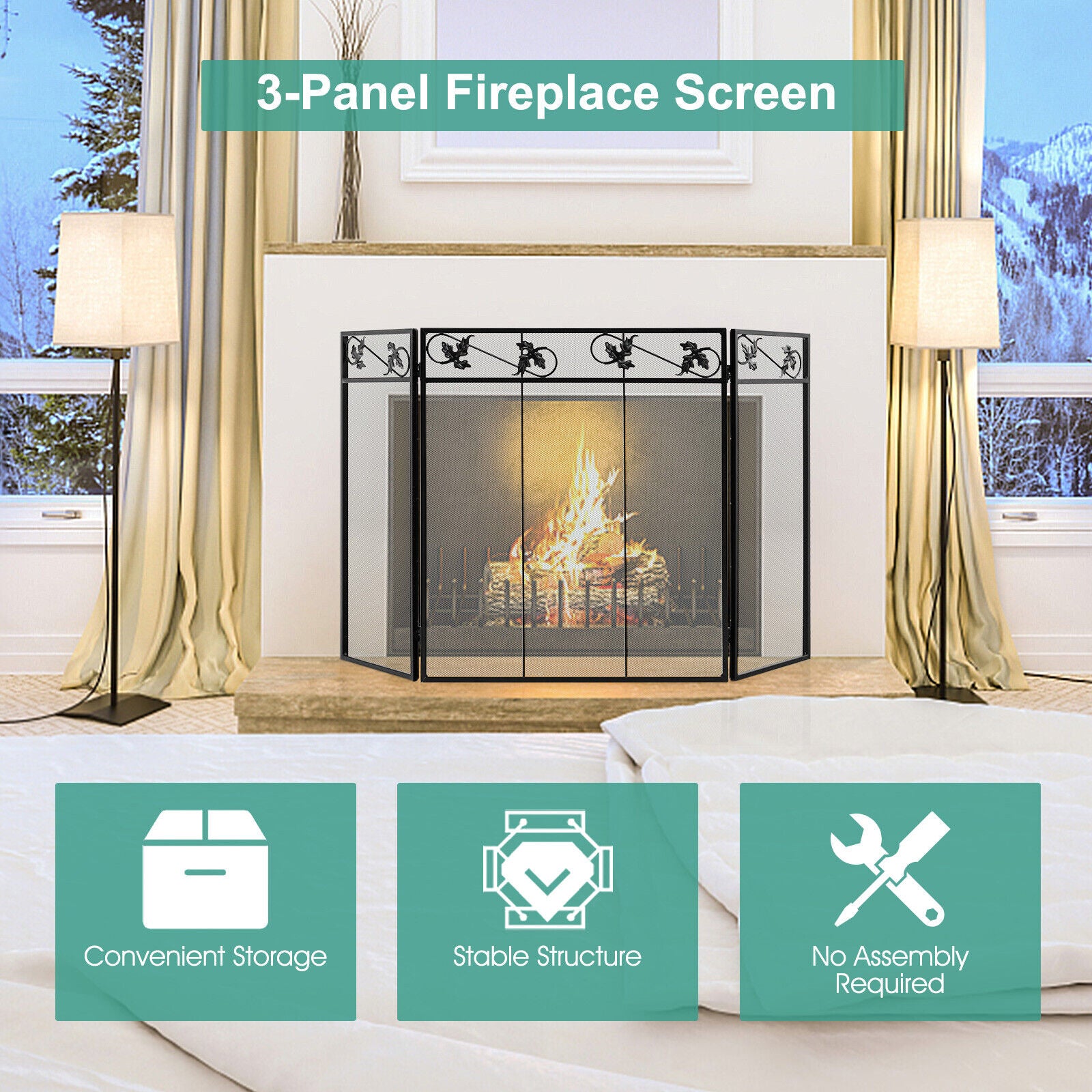 3-Panel Fireplace Screen Decor Cover with Exquisite Pattern, Black Fireplace Tools at Gallery Canada
