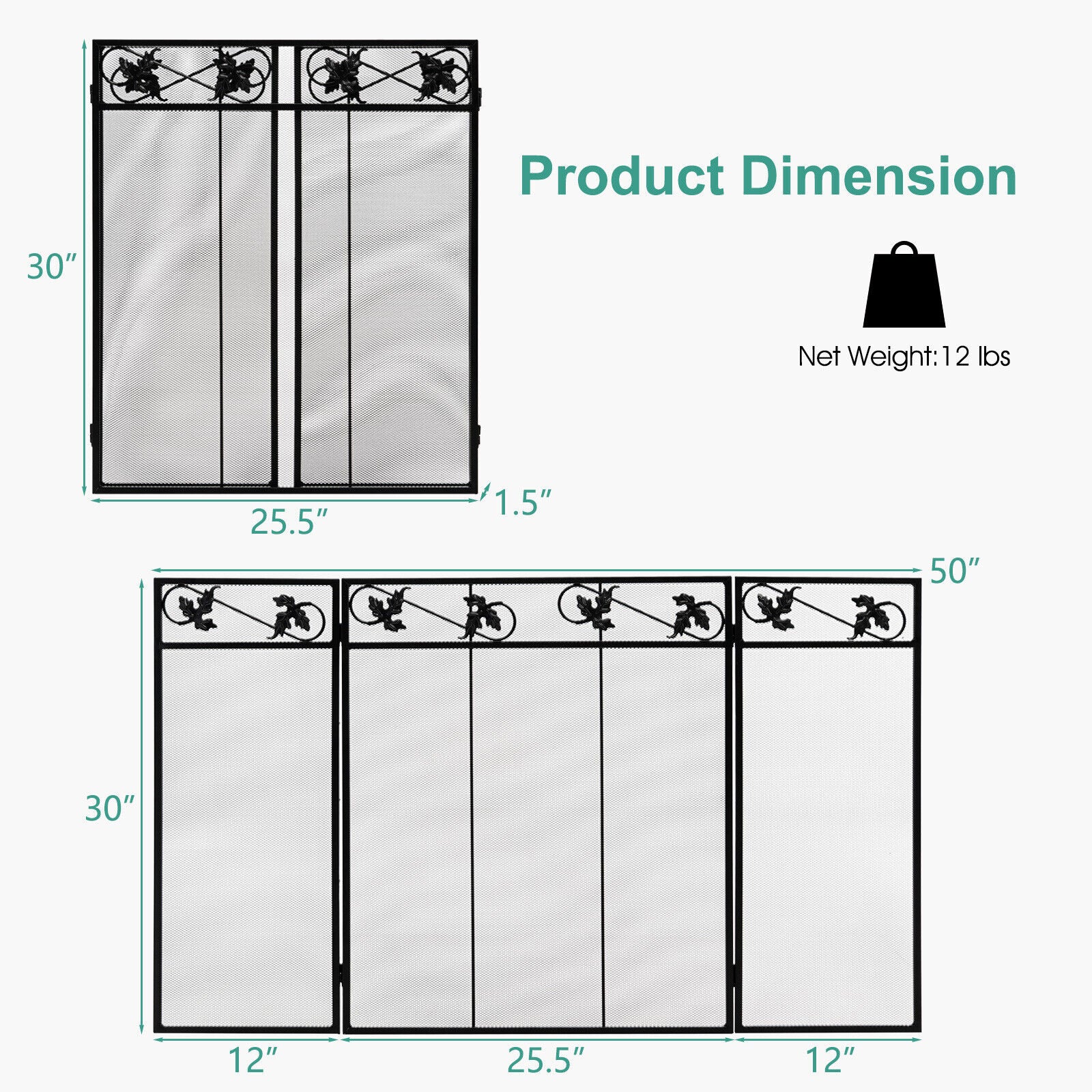 3-Panel Fireplace Screen Decor Cover with Exquisite Pattern, Black Fireplace Tools at Gallery Canada
