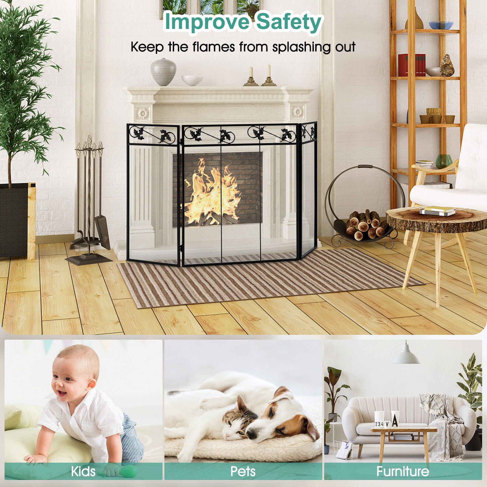 3-Panel Fireplace Screen Decor Cover with Exquisite Pattern, Black Fireplace Tools at Gallery Canada