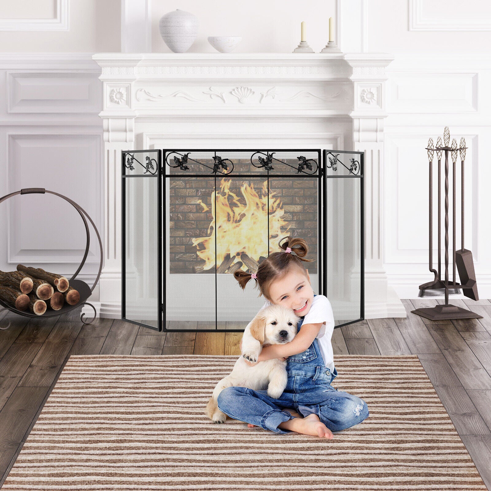 3-Panel Fireplace Screen Decor Cover with Exquisite Pattern, Black Fireplace Tools at Gallery Canada