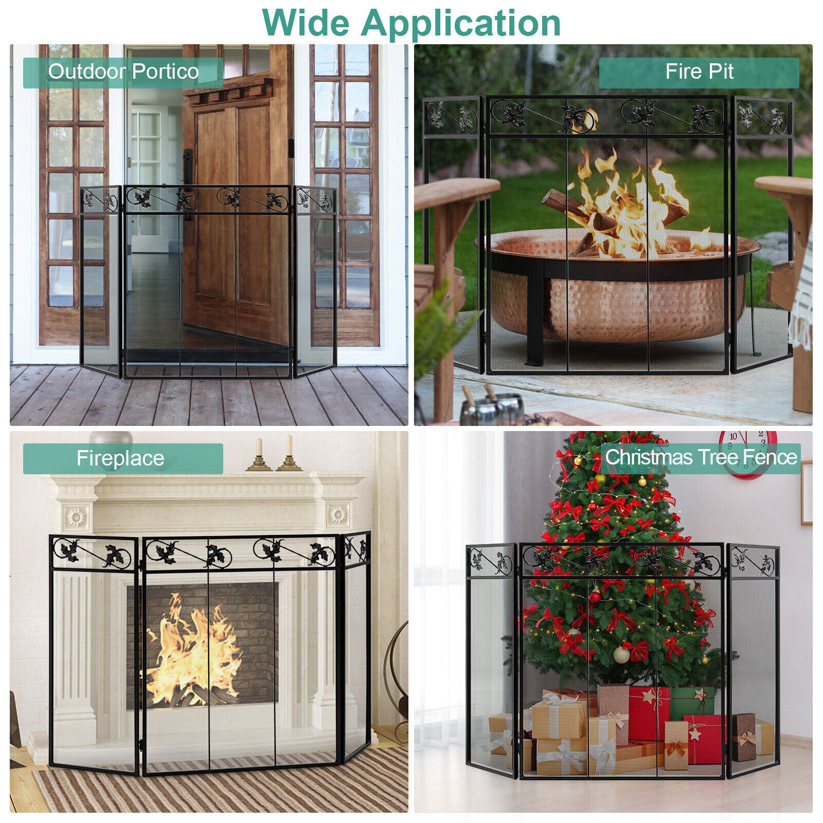 3-Panel Fireplace Screen Decor Cover with Exquisite Pattern, Black Fireplace Tools at Gallery Canada