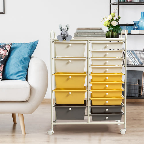 15-Drawer Storage Rolling Organizer Cart, Yellow