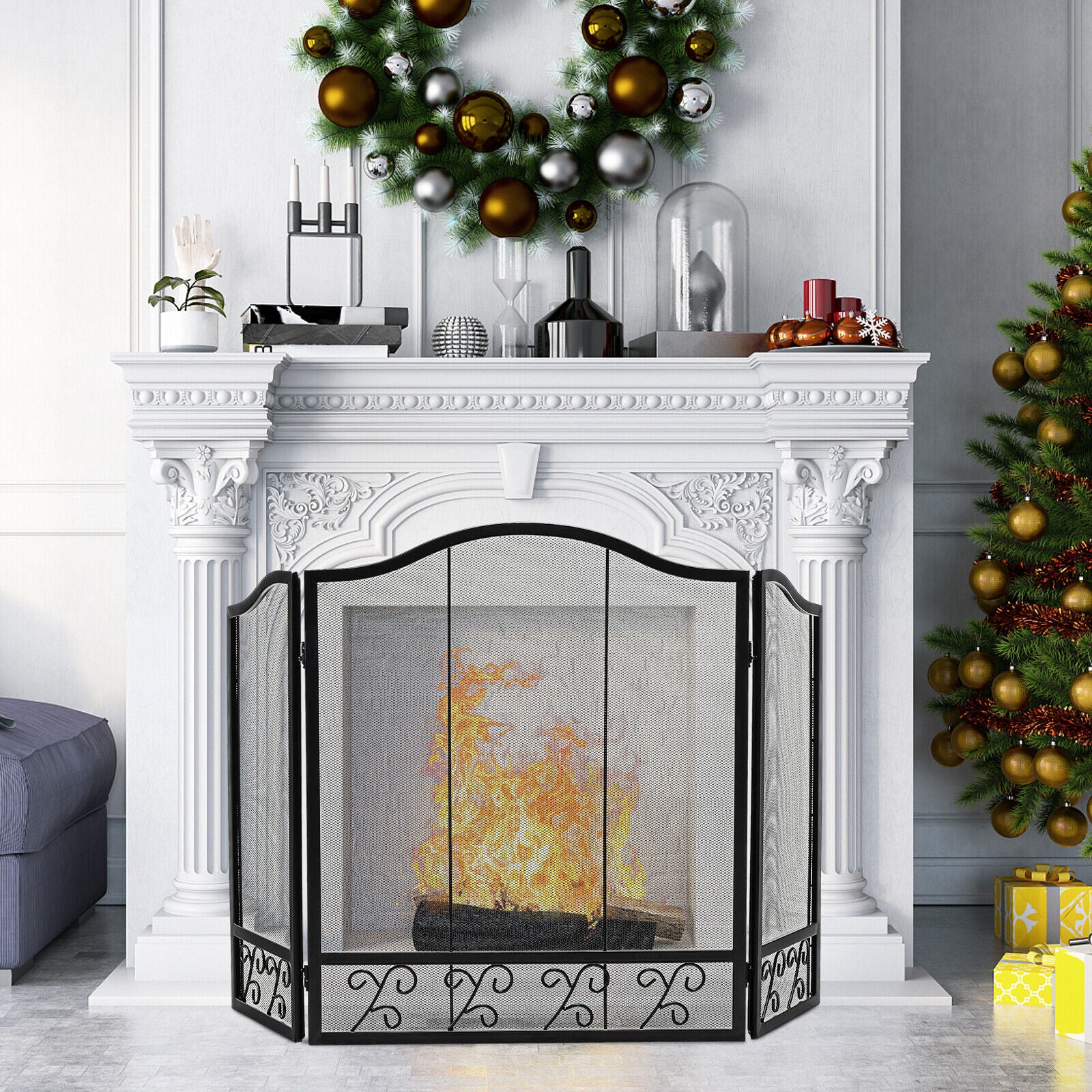 3-Panel Fireplace Screen Decorative Spark Guard, Black Fireplace Tools at Gallery Canada