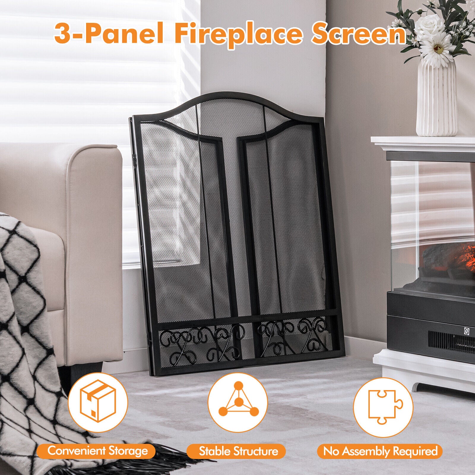 3-Panel Fireplace Screen Decorative Spark Guard, Black Fireplace Tools at Gallery Canada