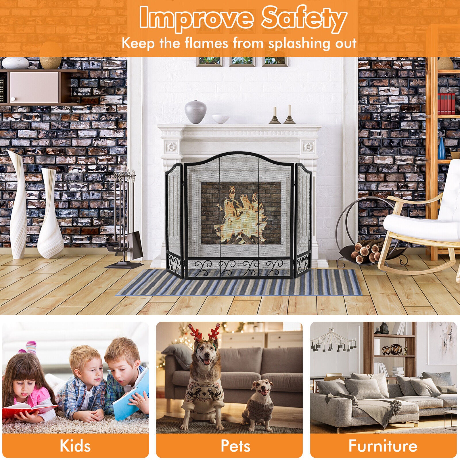 3-Panel Fireplace Screen Decorative Spark Guard, Black Fireplace Tools at Gallery Canada
