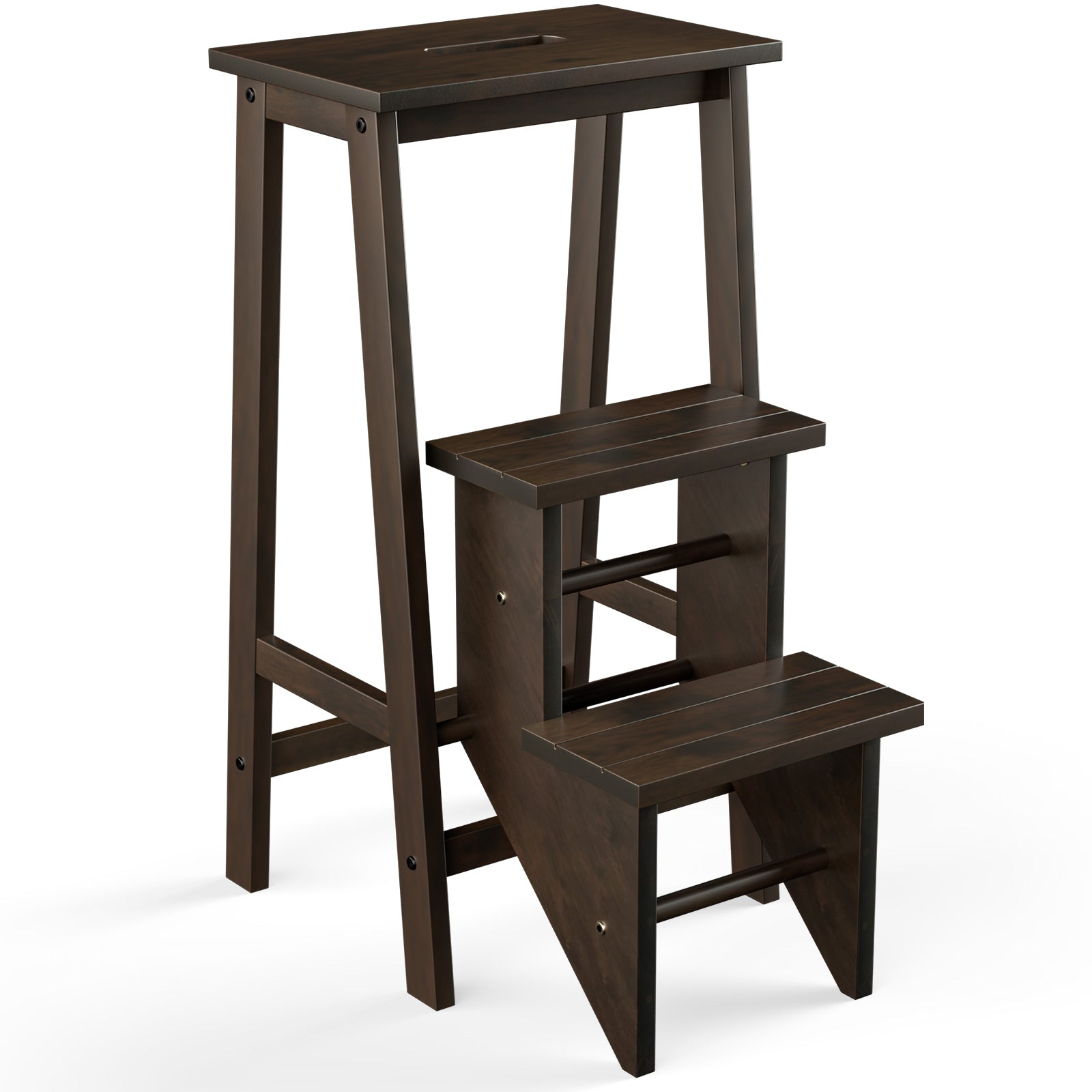 3-in-1 Rubber Wood 3 Tier Folding Step Stool Ladder Storage Shelf, Brown Kitchen Utensils Brown at Gallery Canada