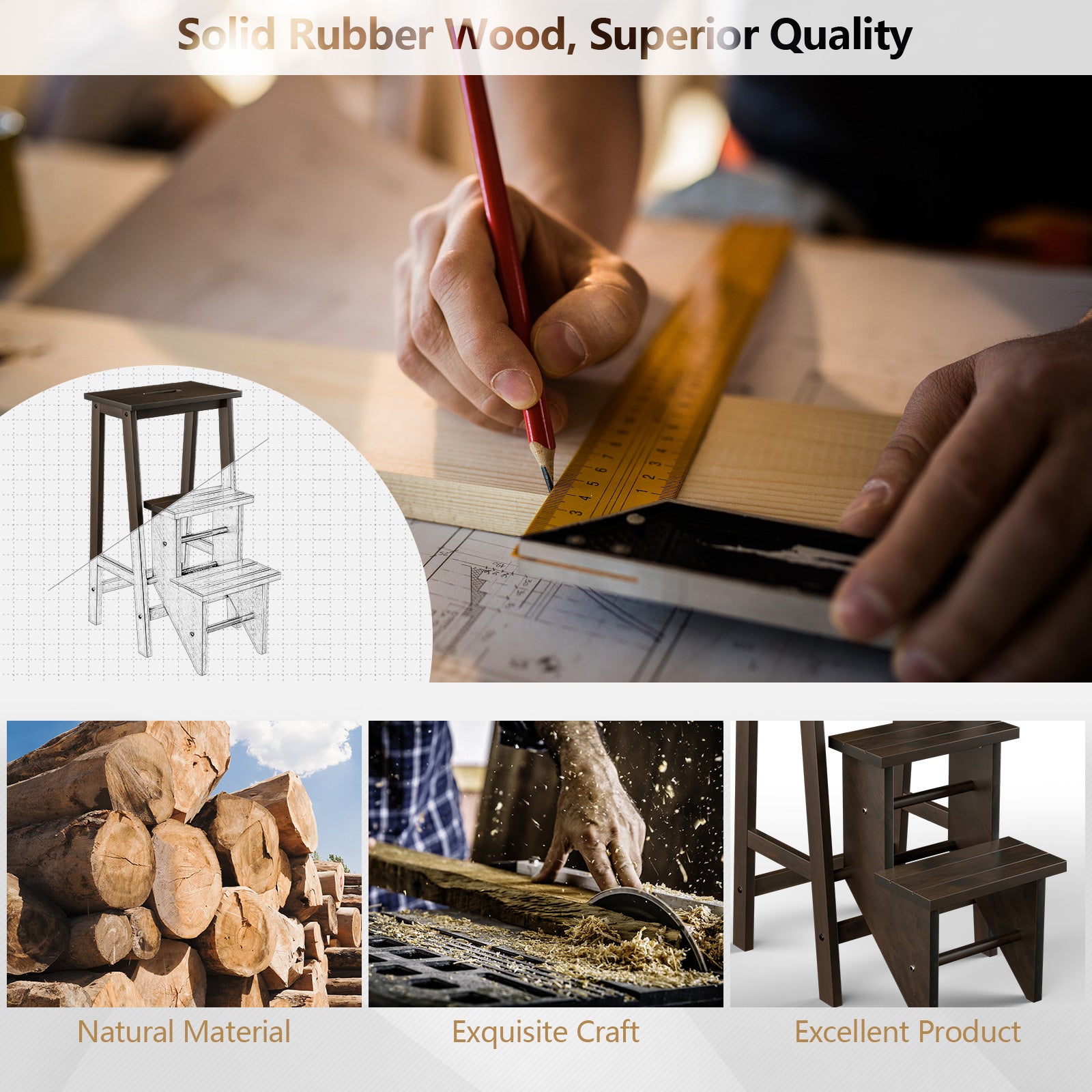 3-in-1 Rubber Wood 3 Tier Folding Step Stool Ladder Storage Shelf, Brown Kitchen Utensils at Gallery Canada