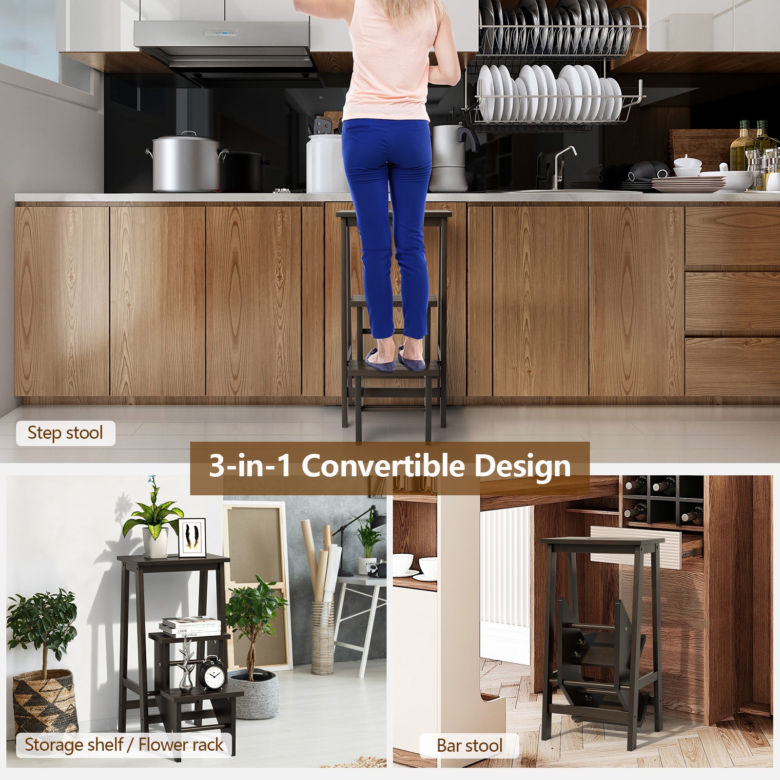 3-in-1 Rubber Wood 3 Tier Folding Step Stool Ladder Storage Shelf, Brown Kitchen Utensils at Gallery Canada