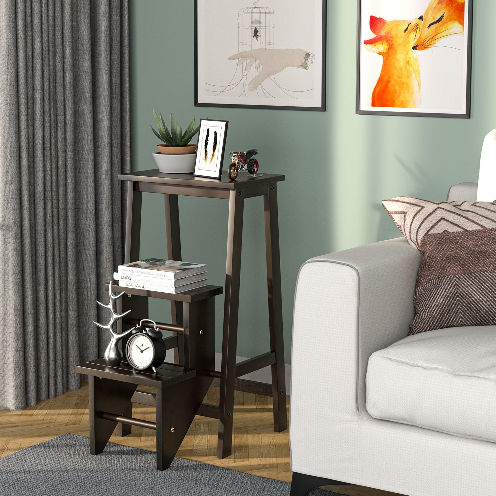 3-in-1 Rubber Wood 3 Tier Folding Step Stool Ladder Storage Shelf, Brown Kitchen Utensils at Gallery Canada