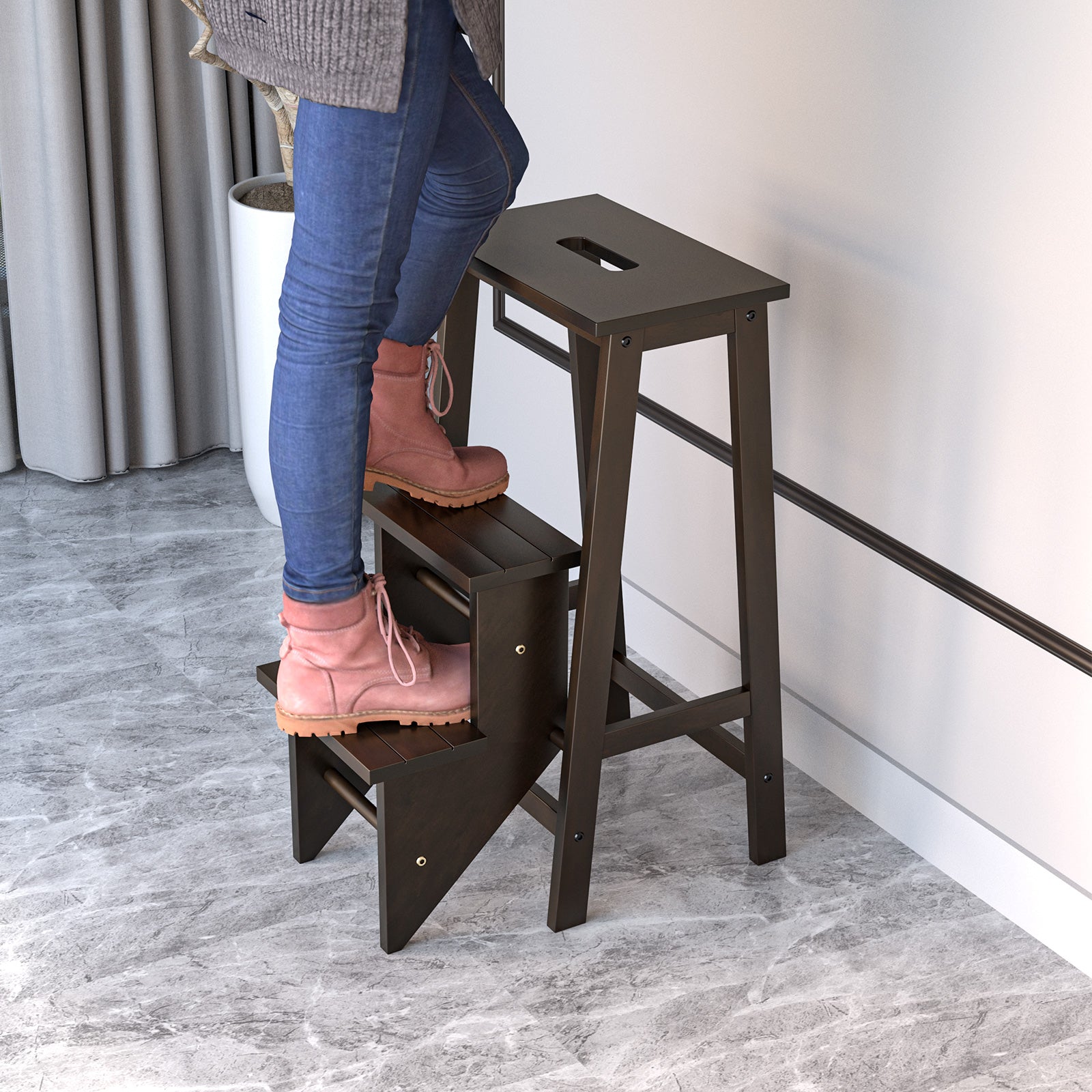 3-in-1 Rubber Wood 3 Tier Folding Step Stool Ladder Storage Shelf, Brown Kitchen Utensils at Gallery Canada