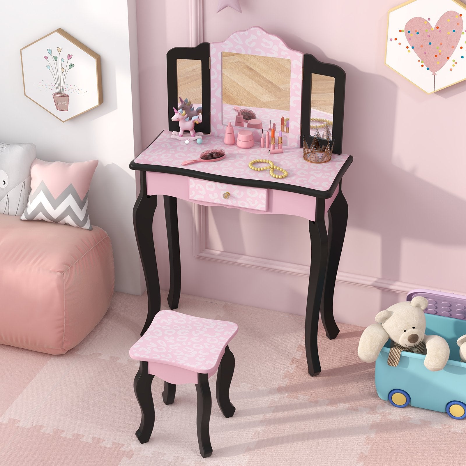 2 in 1 Princess Dressing Table Writing Desk with Cute Leopard Print 3 Makeup Accessories, Pink Kids Vanities   at Gallery Canada