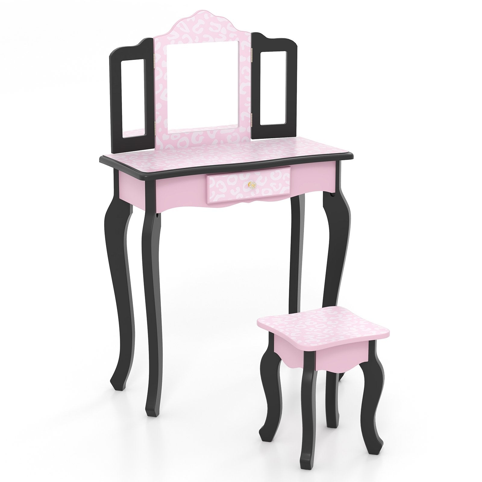 2 in 1 Princess Dressing Table Writing Desk with Cute Leopard Print 3 Makeup Accessories, Pink Kids Vanities   at Gallery Canada